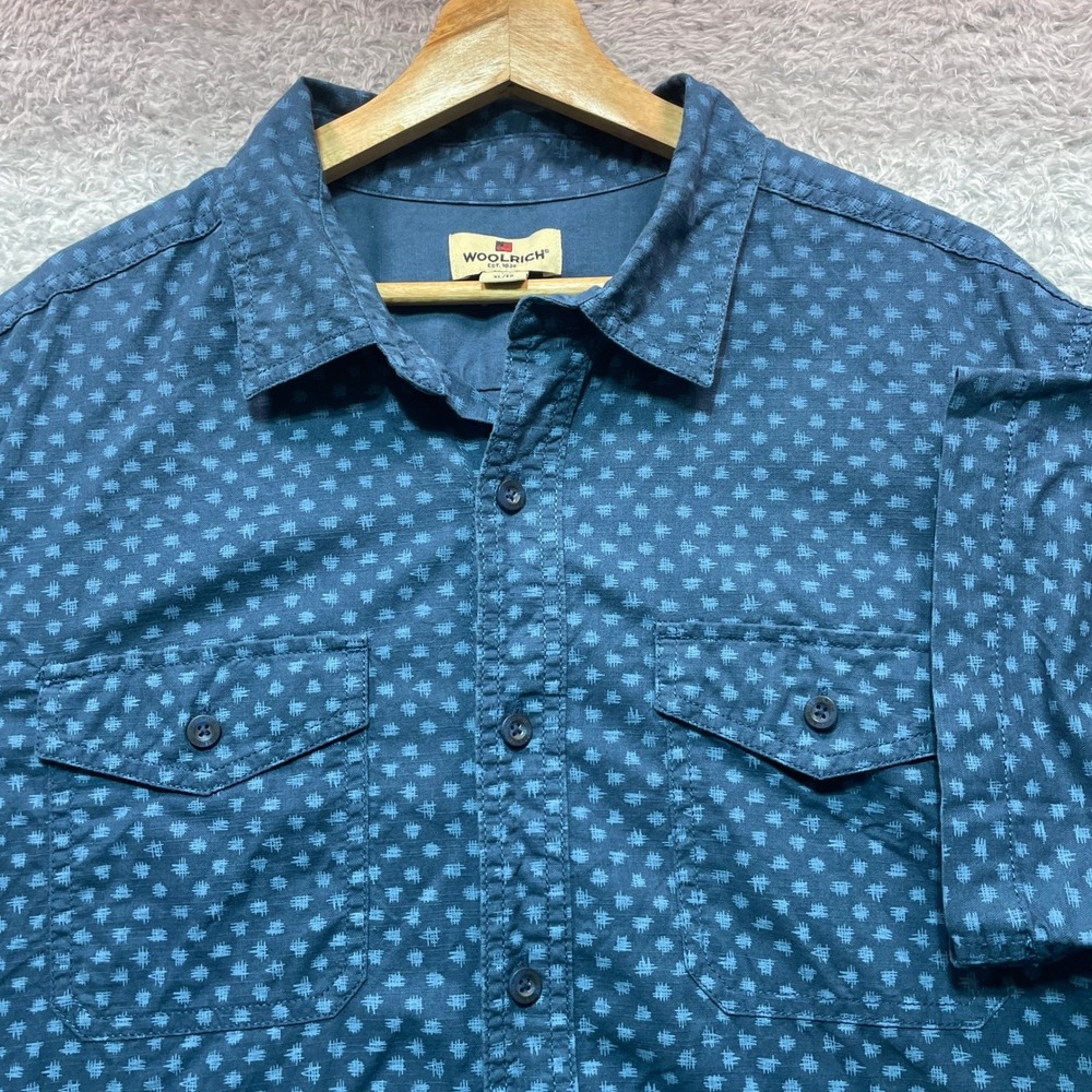 Woolrich Mens XL Blue Geometric Print Short Sleeve Button Down Shirt Pockets